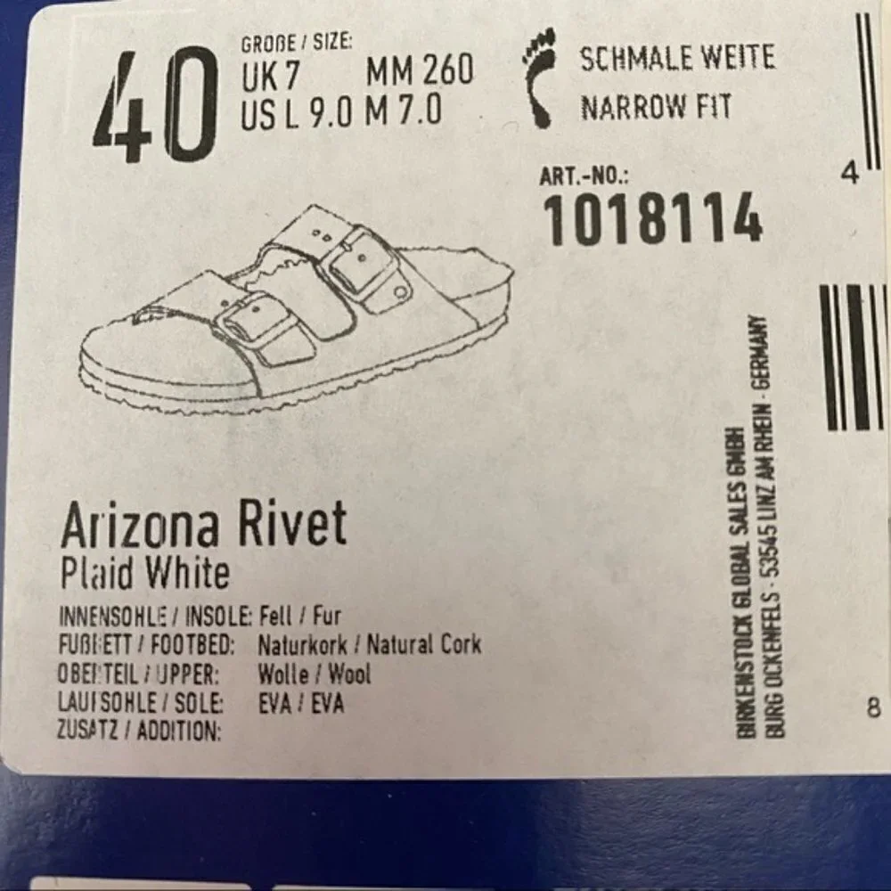 Birkenstock Arizona Rivet Plaid White Narrow Fit Men’s Szs 39/US 6 and 40/US 7
